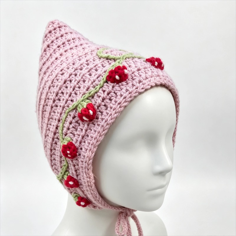 Knit Beanie Hat Warm - 수제 크로셰 컬러풀 딸기 픽시 보넷